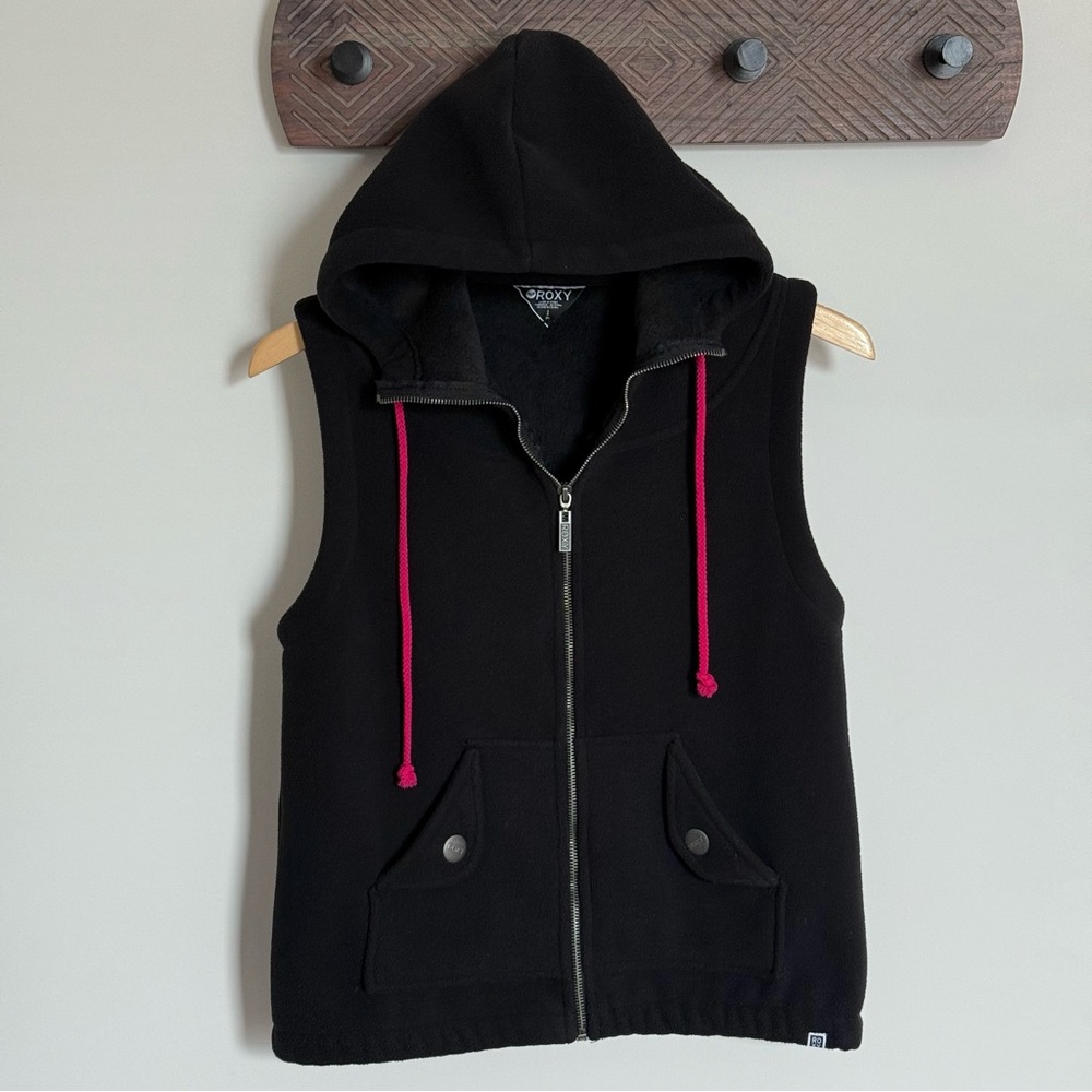 Roxy Black Fleece Full Zip Hooded Vest Size Small